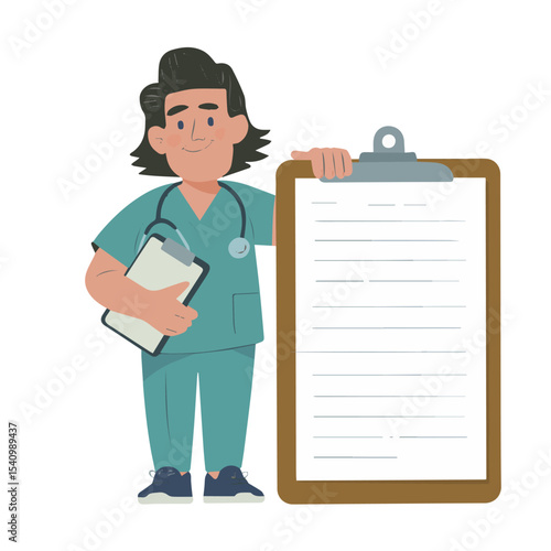 Friendly female doctor in scrubs holding clipboard medical report illustration care icon nurse happy clinic health design