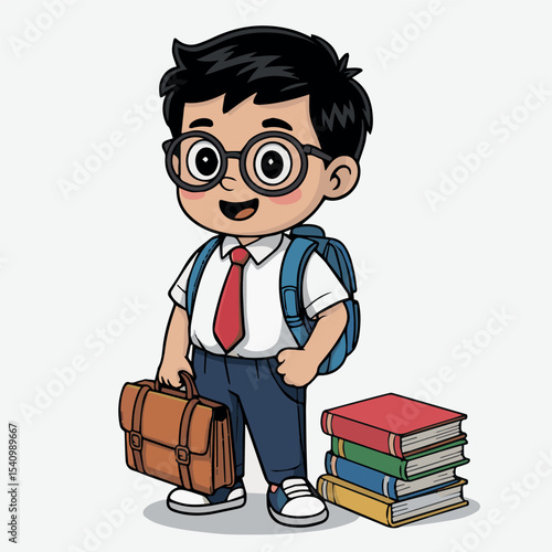 Happy smart schoolboy with backpack books and briefcase ready for class studying education kid tie cute child young