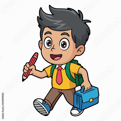 Happy smiling schoolboy walking to school with backpack and pencil kid fun cute child young image design vector joyful