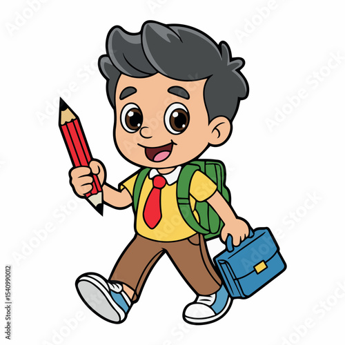 Happy schoolboy walking to class with backpack and pencil ready for learning kid fun red cute blue child young green
