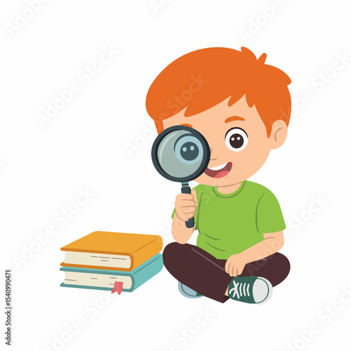 Cute little boy with magnifying glass exploring books educational illustration childrens cartoon drawing kid fun happy