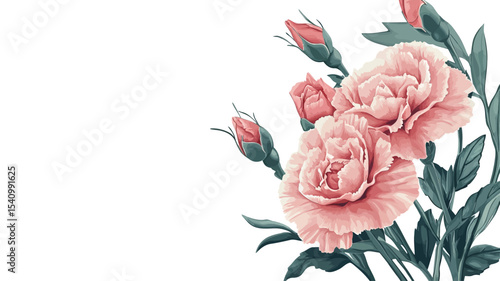 A digital illustration depicting a cluster of pink carnations. Two fully bloomed carnations are prominently featured, alongside several unopened buds and green leaves. 