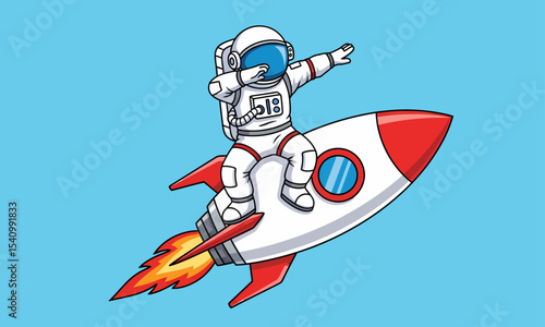 Dabbing Astronaut Riding a Rocket into Blue Sky. A fun and trendy cartoon illustration of an astronaut in a white spacesuit performing the popular "dab" pose while riding a red and white rocket