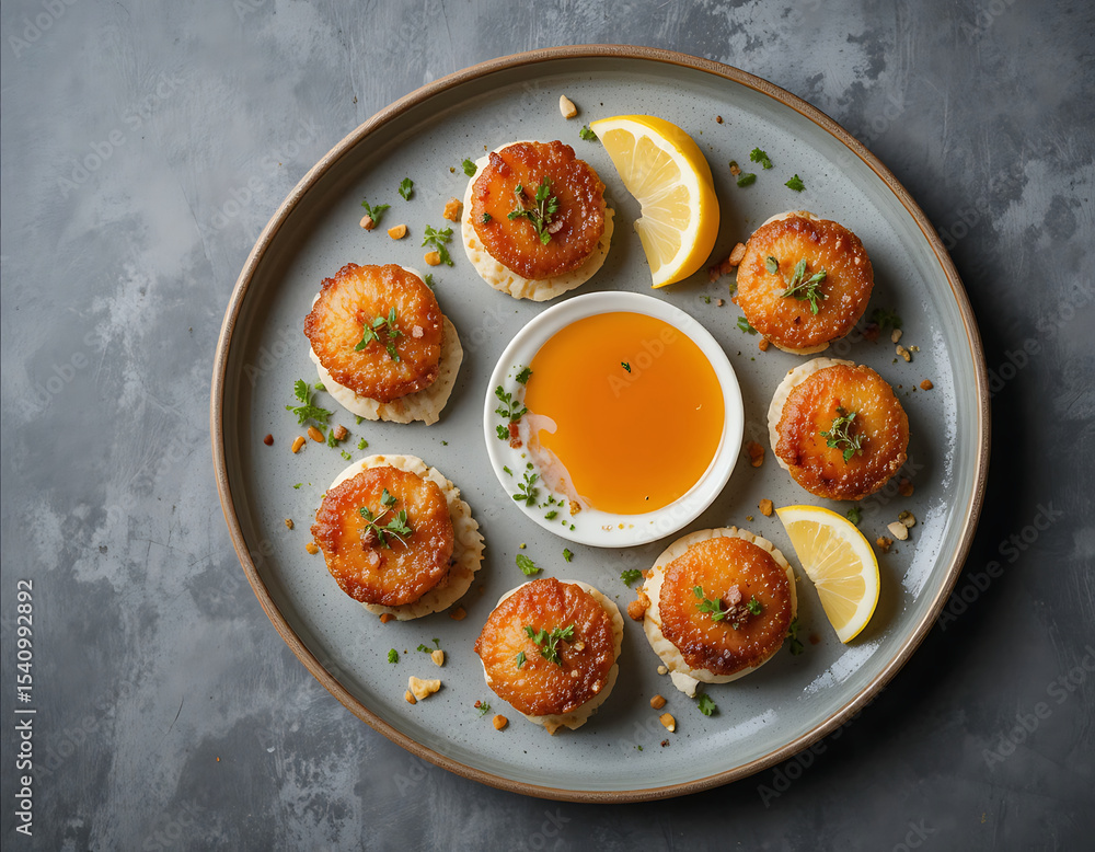 Crispy fried scallops served with lemon and dipping sauce on a stylish plate Crispy fried scallops served with lemon and dipping sauce on a stylish plate