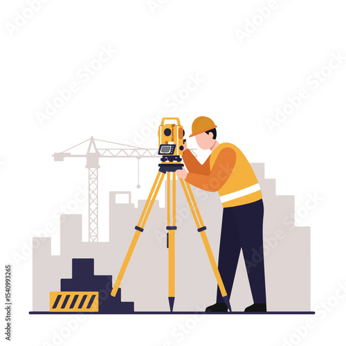 A construction surveyor using a theodolite stands in front of a cityscape illustration.