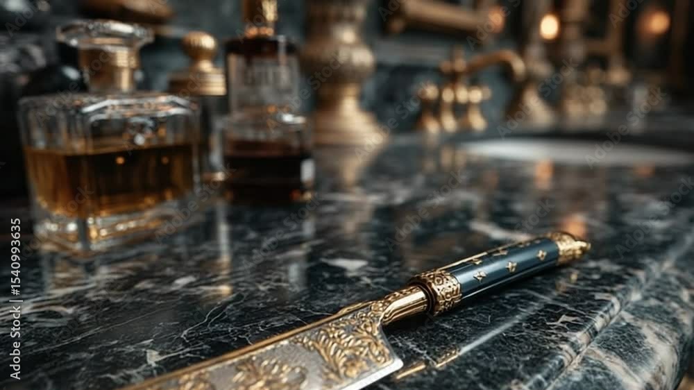 Elegant Still Life: Ornate Knife, Perfume Bottles, and Luxurious Bathroom Aesthetic Elegant Still Life: Ornate Knife, Perfume Bottles, and Luxurious Bathroom Aesthetic