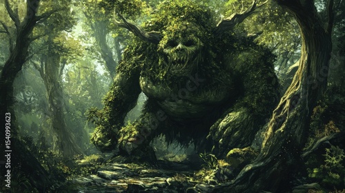 Obraz na płótnie A large monster is emerging from the forest path ahead