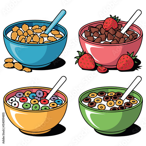 Delicious and colorful breakfast cereal bowls with fresh strawberries ready to eat healthy morning meal art yum food diet