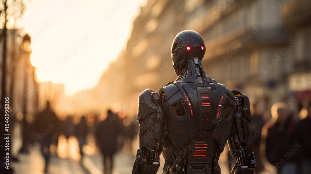 Sleek black humanoid robot with red LED eyes stands in bustling city street during sunset, capturing moment of futuristic technology Sleek black humanoid robot with red LED eyes stands in bustling city street during sunset, capturing moment of futuristic technology