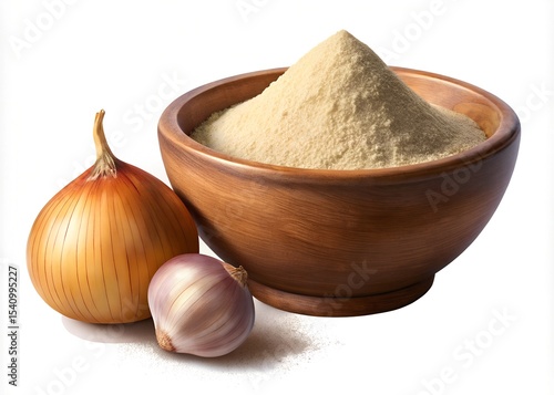 Onion powder in a wooden bowl with fresh onions isolated on white background