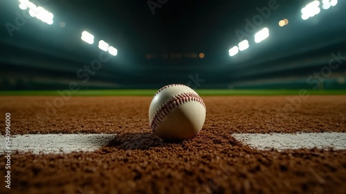 Baseball on the Pitcher's Mound at Night