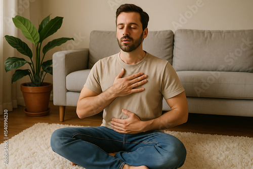 self-care routine. A man practices mindfulness meditation sitting cross-legged on a carpet in a cozy living room, focusing on breathing with eyes closed.