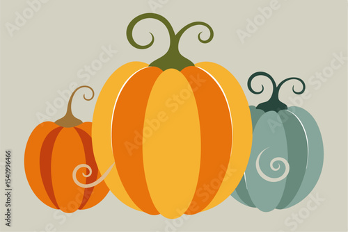 Three stylized pumpkins watercolor autumn harvest orange yellow teal