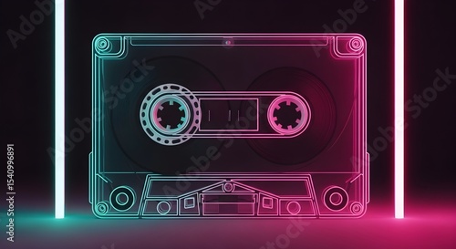 Retro Audio Cassette Tape Outline with Neon Pink and Blue Glow Generative A