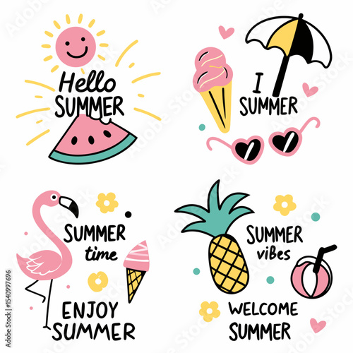A Colorful Collection of Fun Summer-Themed Illustrations with Cheerful Text and Playful Doodles, Designed in a Vibrant Hand-Drawn Vector Format
