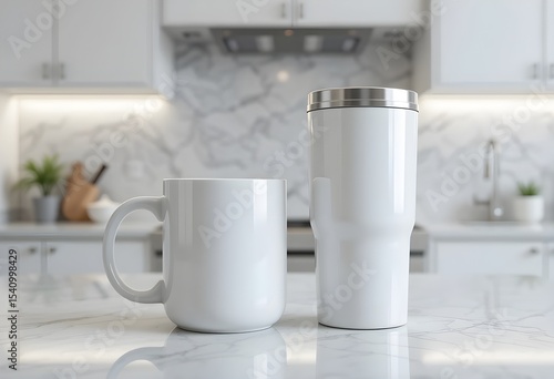The Modernist Duo: A clean, vibrant mockup of a glossy tumbler and mug on a bright quartz countertop in a contemporary kitchen.
