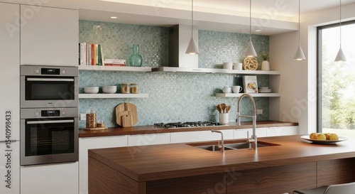 Modern Kitchen Design with Teal Tile Backsplash and Walnut Island