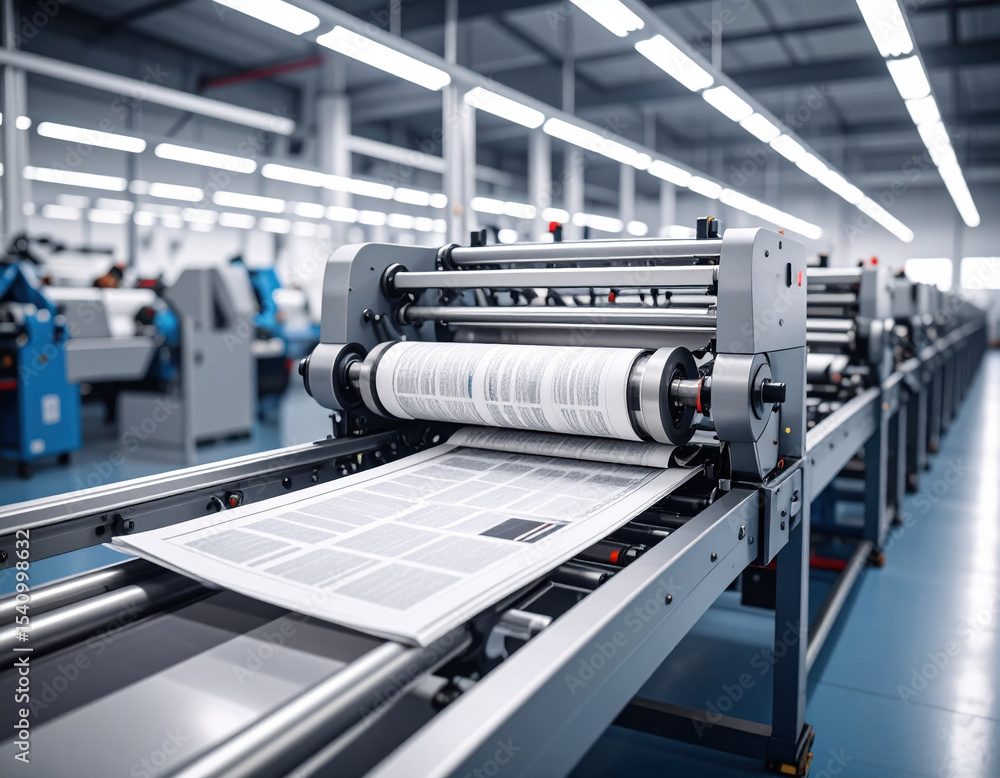 Fototapeta premium High tech printing press in factory, showcasing newspapers being printed with precision and efficiency. modern machinery highlights advanced technology used in printing industry