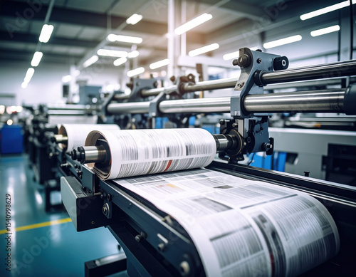 High quality printing press producing newspapers factory setting, showcasing intricate machinery and flow of printed pages. environment is bright and modern, emphasizing efficiency and technology