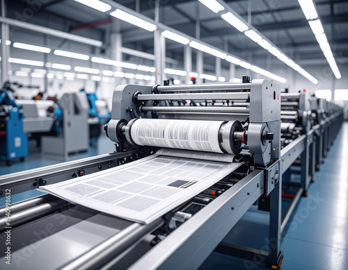 High tech printing press in factory, showcasing newspapers being printed with precision and efficiency. modern machinery highlights advanced technology used in printing industry