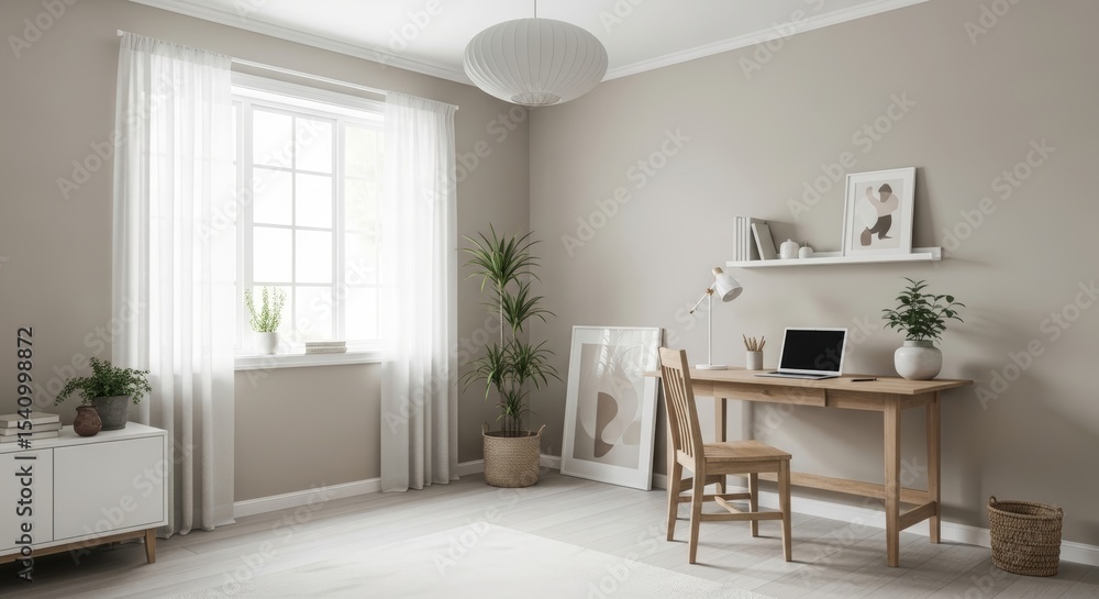 Fototapeta premium Serene Home Office Design Minimalist Workspace with Natural Light