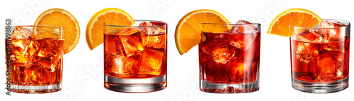 A stylish collection of four Negroni cocktails served in lowball glasses with orange slice garnish and large ice cubes. Isolated on transparent background.