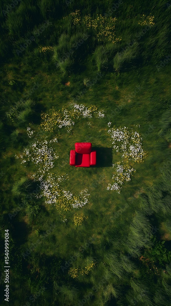 Naklejka premium Red Couch in Green Grass: A Vibrant Outdoor Seating Area Surrounded by Flowers for a Picturesque Relaxation Space with a Modern, Bohemian Flair