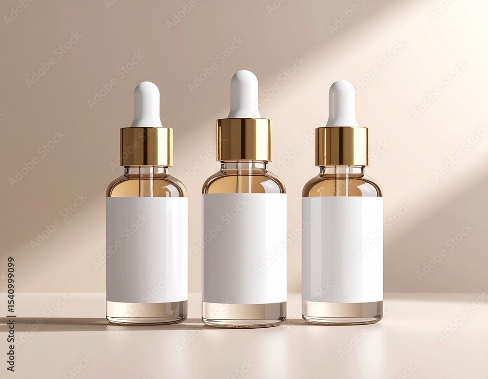 Three Skincare Dropper Bottles Mockup on Beige Background Three Skincare Dropper Bottles Mockup on Beige Background