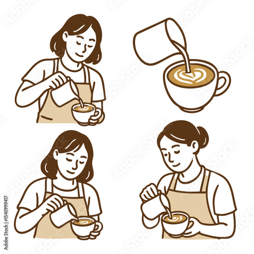 Barista Creating Latte Art Set, a barista women refilling a coffee grinder with beans or restocking syrup bottles on a shelf. Include labeled bottles and coffee bag. Maximum 4 colors, no gradients, no