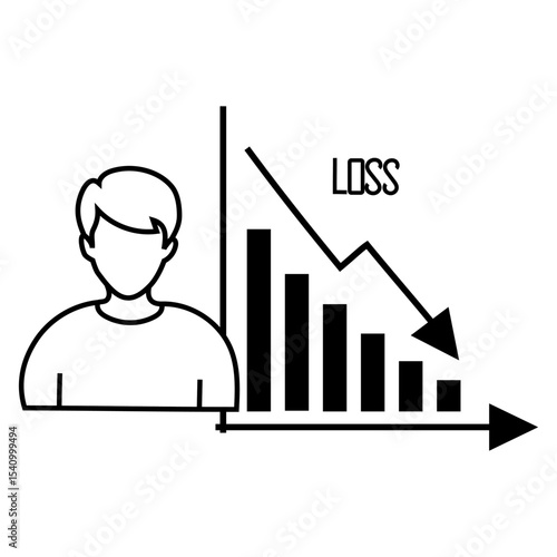 Business decline chart. Financial crisis concept. Person silhouette problem. Vector economy loss.