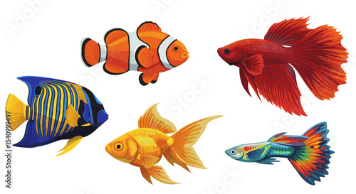 Illustration of a group of various colorful tropical fish species