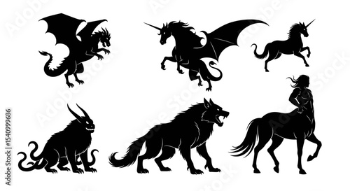 Silhouette illustration of mythical creatures including dragon and unicorn