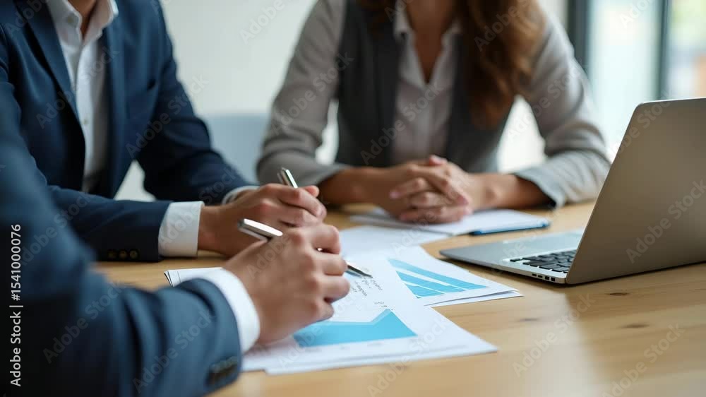 Tax adviser advising client on import/export procedures and tax compliance import/export regulations with open laptop and printed guidelines on meeting table in Photo Stock Concept and empty space Tax adviser advising client on import/export procedures and tax compliance import/export regulations with open laptop and printed guidelines on meeting table in Photo Stock Concept and empty space