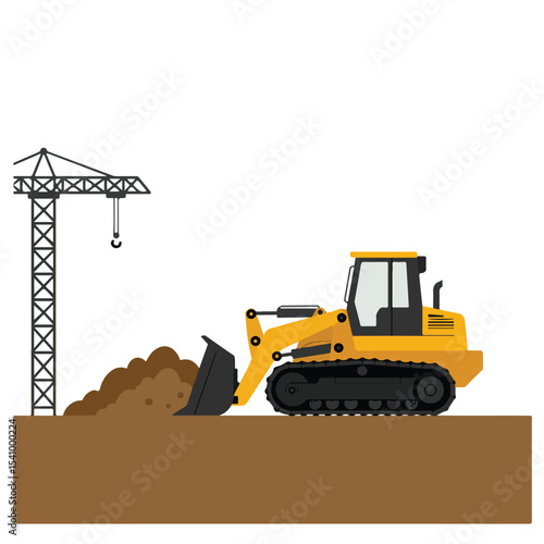 Vector illustration of a yellow bulldozer scooping dirt next to a construction crane.