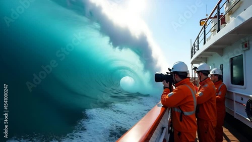 Research vessel crew recording giant sea wave measurements using LIDAR sensors for oceanographic disaster modeling in  Photo Stock  Concept  and empty space on the left side