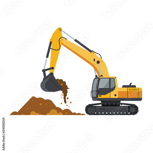 Vector illustration of a yellow excavator digging soil and dumping it onto a pile.