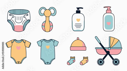 Illustration of various baby items including clothing and accessories