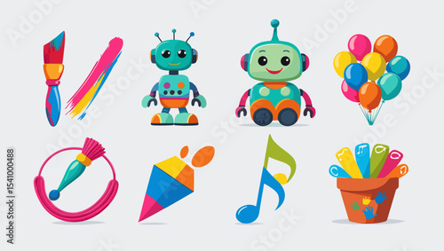 Illustration of art supplies robots balloons and a music note icon set