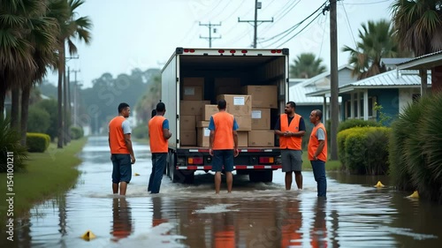 Emergency Relief Team Distributes Supplies to Flooded Families: Cargo Truck Deployment in Storm-Affected Coastal Neighborhood - Stock Photo Concept with Left Space