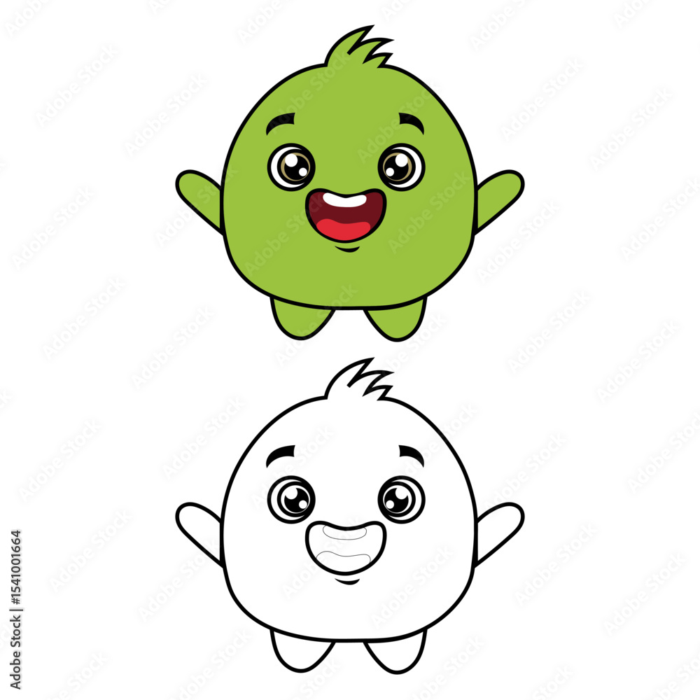 Happy monster creatures. Two cartoon characters. Cheerful alien friends. Vector fun graphic. Happy monster creatures. Two cartoon characters. Cheerful alien friends. Vector fun graphic.