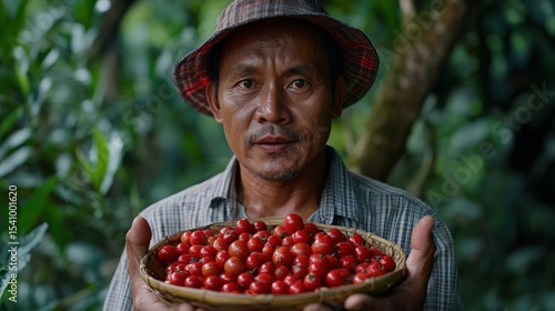 Proud Coffee Farmer Presenting a Basket of Freshly Harvested Coffee Cherries