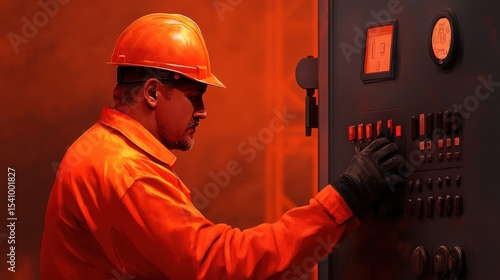 Industrial Worker Operating Control Panel in Red-Lit Facility