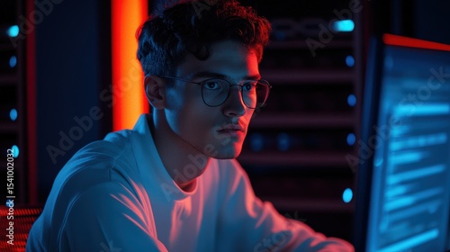 Focused Young Programmer Working Late at Night on Computer Screen in Dark Room with Neon Lights