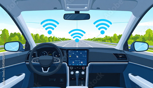 Autonomous car interior with advanced sensing system and wireless communication network, showcasing modern dashboard and clear view of road ahead, emphasizing innovation and technology