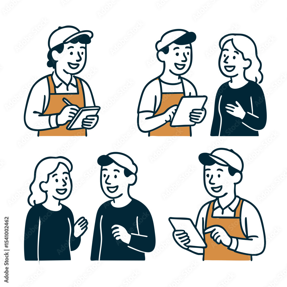 Fototapeta premium Customer Service and Order Taking Interactions, a barista taking a customer's drink order. Show the barista with a notepad or tablet and a smiling customer