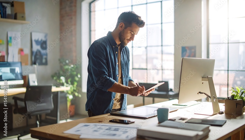 Man working on tablet in bright office Man working on tablet in bright office