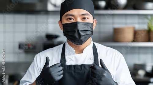 Confident Asian Chef with Thumbs Up Wearing a Mask in a Modern Kitchen