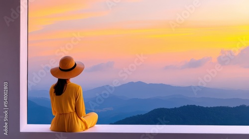 Woman in Yellow Dress Contemplating Mountain Sunset View
