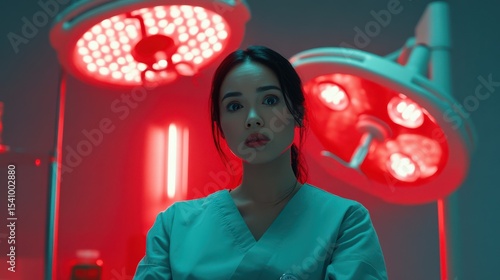 Anxious Young Female Doctor in Operating Room with Red Lighting