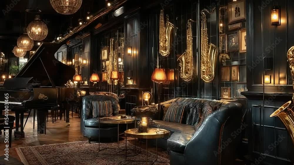 Sophisticated jazz club interior with piano, saxophone and luxury seating ambiance Sophisticated jazz club interior with piano, saxophone and luxury seating ambiance